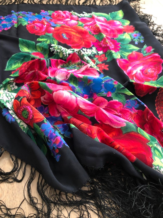 Vintage silk batik flower pattern on black shawls… - image 2