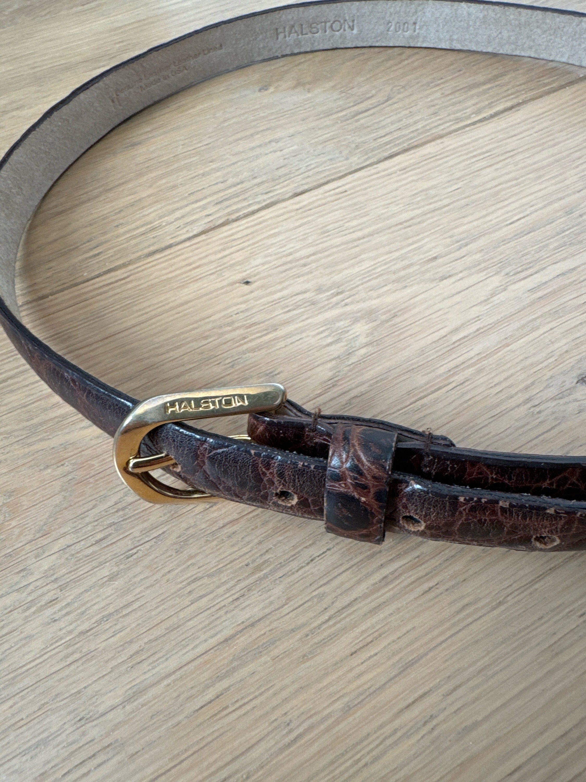 HALSTON Brown Leather Belt With Solid Brass Gold Tone Buckle 