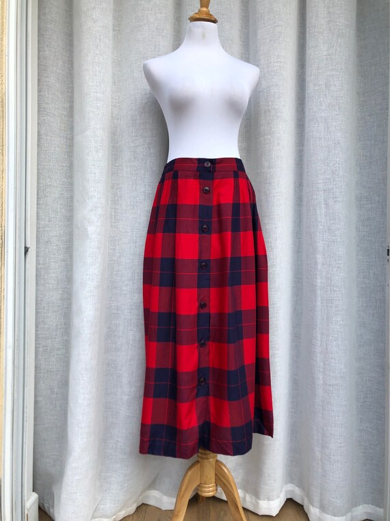 Vtg CHAUS red blue plaid front buttoned Maxi skirt - image 4