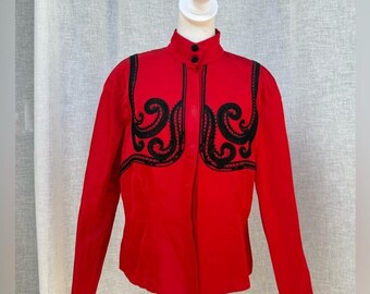 Red silk taffeta high neck black scrolls jacket blouse Italy