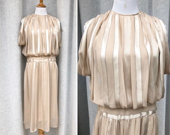 Lillie Rubin 1980's Cream Chiffon Stripe Evening Dress