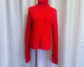 DKNY Wool Cableknit Red Turtleneck Sweater Made in USA