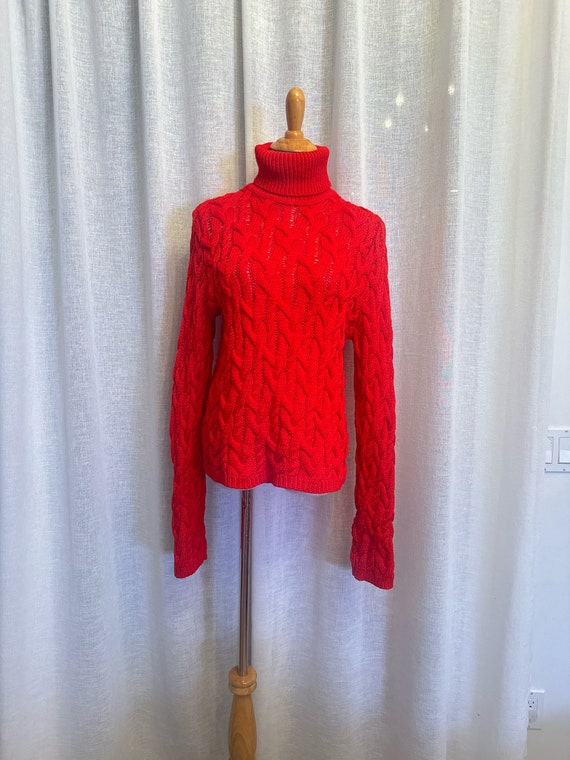 DKNY Wool Cableknit Red Turtleneck Sweater Made in