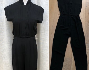 1980s black sleeveless overall jumpsuit romper