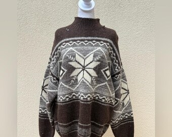 Nautica brown white winter thick high neck Fair Isle Nordic  sweater
