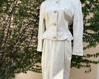 Lillie Rubin Exclusive 2 piece White/Pearl Genuine Leather Jacket & Skirt Suit