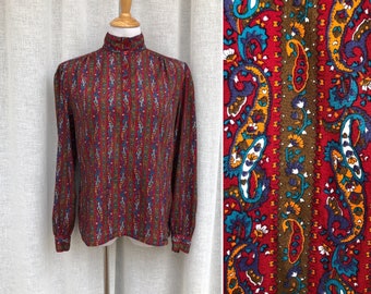 Beautiful 1980 colorful vertical stripe paisley pattern boho style blouse