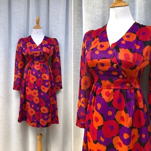 1960&#39;s red orange purple large floral print dress