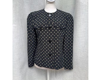 Albert Nipon black off white polka dot silk jacket with shiny black buttons