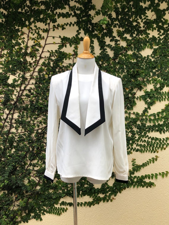 ADOLFO NY off white Silk Blouse With Black trim a… - image 1