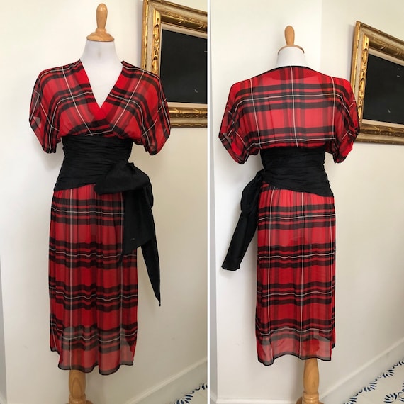 Albert Nipon sheer red and black plaid batwing ci… - image 1