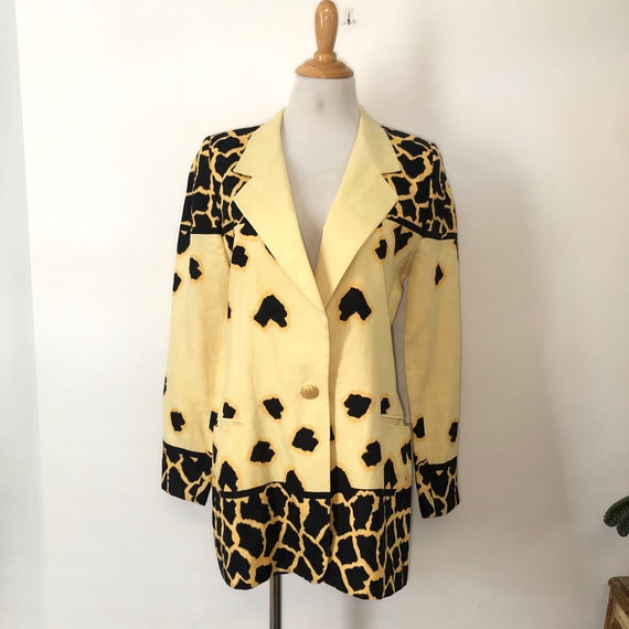 Escada by Margaretha Ley vintage animal giraffe print yellow linen blazer , sz 36