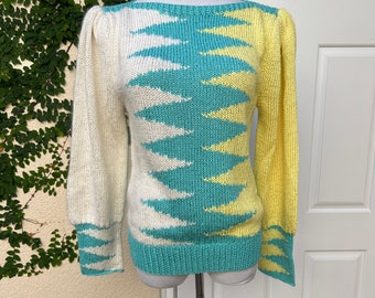 Nannell knitted  color block sweater with padded shoulders, yellow, turquoise and off white