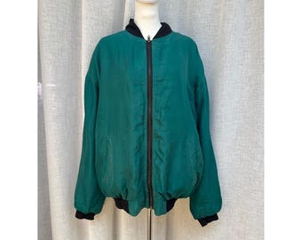 Jazzman vintage 1990s silk bomber jacket in forest green with black ribbed trim
