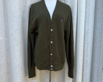 Vintage IZOD Olive Green Knit Acrylic Cardigan Sweater