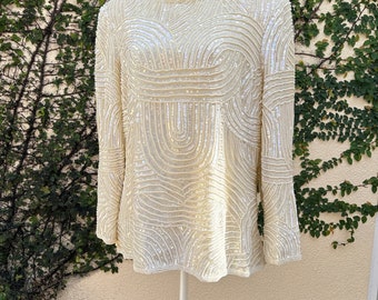 Joan Leslie Evenings Fully Beaded Off white Long Sleeve Silk Blouse Sz L