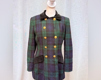 Lauren Ralph Lauren blue green plaid double breasted wool blazer