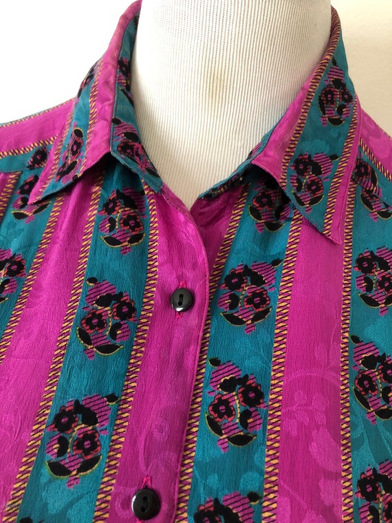 1980’s all silk floral magenta and teal striped n… - image 7