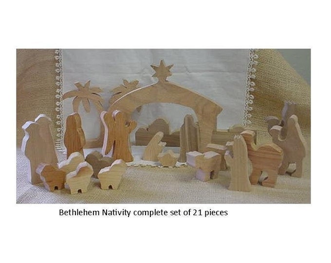 Wood Nativity Set Bethlehem Set of 22 Pieces Cut From Assorted Woods