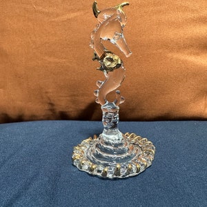 Blown Glass Figurine - Clear, Glass Sea Horse with Gold Trim