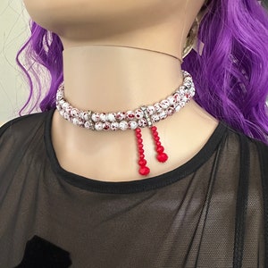 Choker Blood Spatter Glass Pearls White, Silver, and Red Vampire Drip Necklace