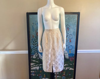 Small • 1950s CHAMPAGNE SILK skirt • vintage fifties side zipper front slit skirt