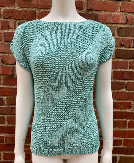 Medium-xl • 1940s RIBBON KNIT sea green blue pull… - image 4