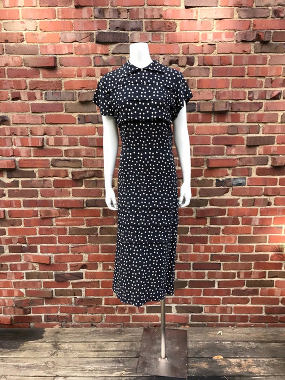 Large • 1940s POLKA DOT dark navy blue rayon pintu