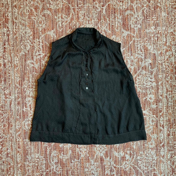 Xl • antique BLACK SILK checkerboard pattern snap front sleeveless blouse • vintage Edwardian tunic