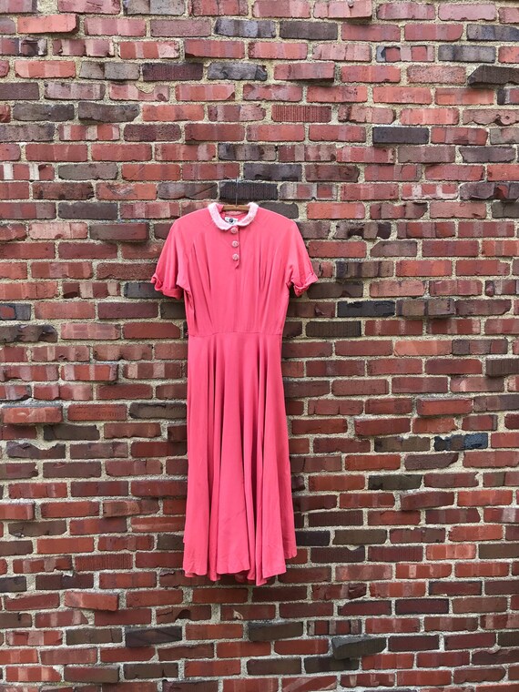 Small • 1950s CORAL PINK rayon gabardine dress • v