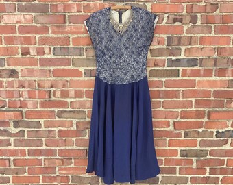 Small • 1940s LACE navy blue rayon cutout beaded dress • vintage forties Grovine side metal zipper illusion dress