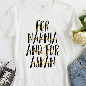 For Narnia and For Aslan Tee- Fandom Merch, gold glitter, peter pevensie, lucy, susan, edmund, mr. tumnus, jadis, white witch, white shirt
