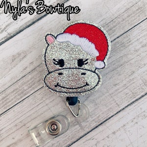 Christmas Hippopotamus, Hippo Badge Reel, Nurse Badge Reel, Pediatric Nurse Badge Reel, Retractable ID Badge Holder, Animal Badge Reel