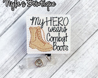 My Hero Wears Combat Boots, Military Spouse Badge Reel, Nurse Badge Reel, Retractable ID Badge Holder, Support Our Military, Work Badge