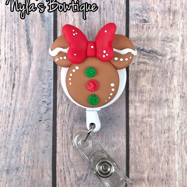 Minnie Christmas Badge Reel, Minnie Badge Reel, Pediatric Nurse Badge Reel, Retractable ID Badge Holder, Gingerbread ID Badge Reel