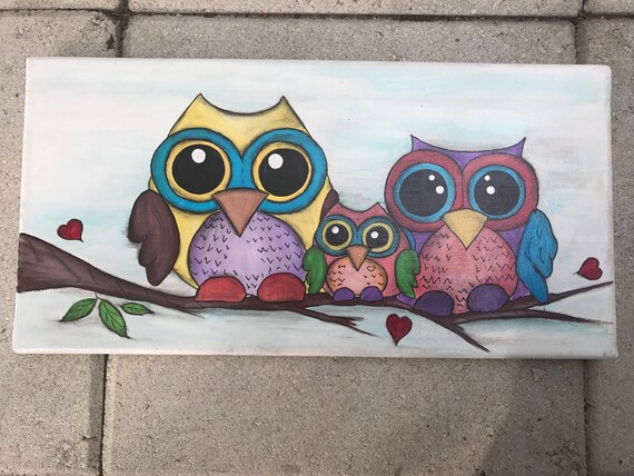 Family Of Cartoon Owls Painting Cute Owls Love Birds Etsy