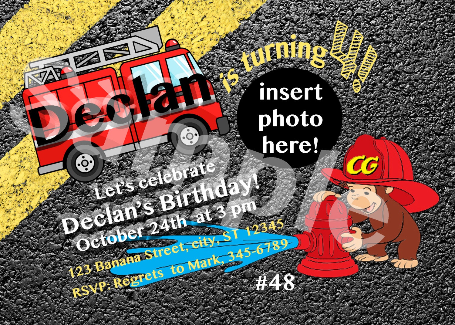 Curious George 48 red fire truck road Personalized / | Etsy