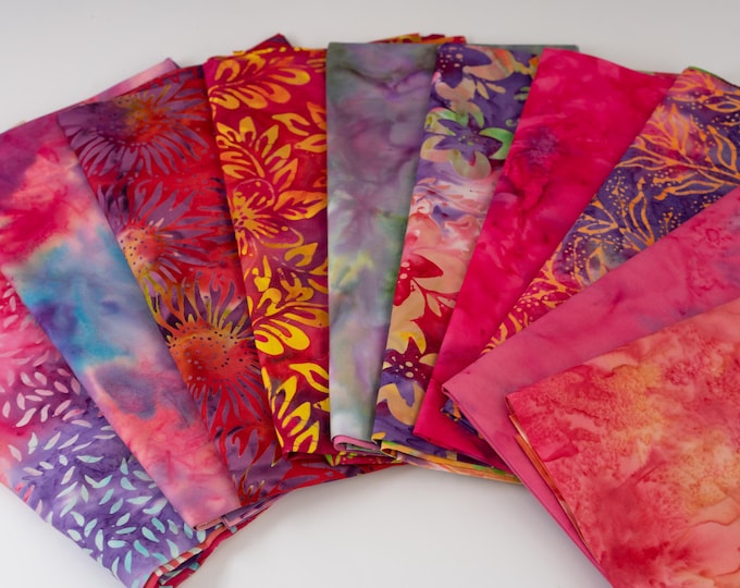 Fat Eighth Bali Assortment Bundle - 10 Different Pieces - Hand Dyed Bali Batik Cotton Quilt Fabric