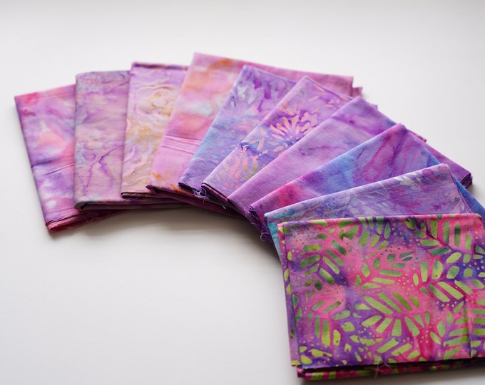 Fat Eighth Bali Assortment of purple theme Bundle - 10 Different Pieces - Hand Dyed Bali Batik Cotton Quilt Fabric