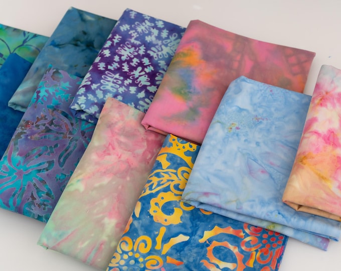 Fat eighth size Bali Assortment Bundle - 10 Different Pieces - Hand Dyed Bali Batik Cotton Quilt Fabric