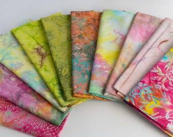 Bali Assortment of Fat eighth Bundle - 10 Different Pieces - Hand Dyed Bali Batik Cotton Quilt Fabric