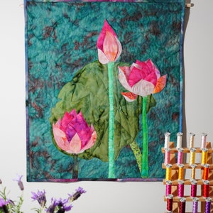 Handmade textile art/wall hanging/home decor/art decorpink lotus flowers image 1