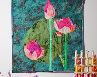 Handmade textile art/wall hanging/home decor/art decor--pink lotus flowers