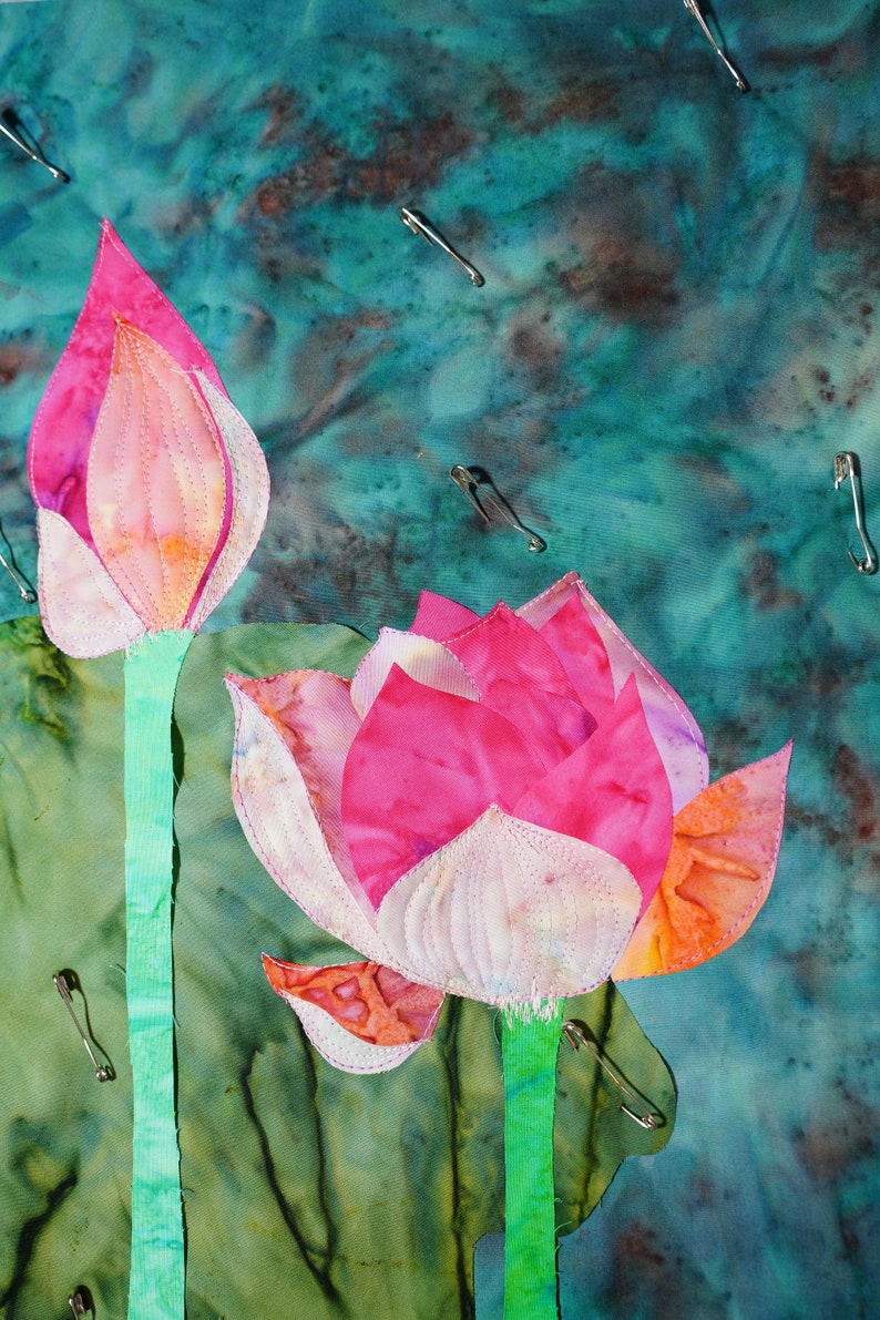 Handmade textile art/wall hanging/home decor/art decorpink lotus flowers image 5