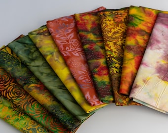 Fat Eighth Bali Assortment Bundle - 10 Different Pieces - Hand Dyed Bali Batik Cotton Quilt Fabric