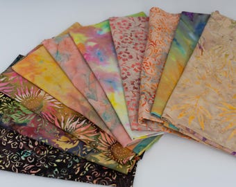 Fat Eighth Bali Assortment Bundle - 10 Different Pieces - Hand Dyed Bali Batik Cotton Quilt Fabric