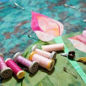 Handmade textile art/wall hanging/home decor/art decorpink lotus flowers image 3