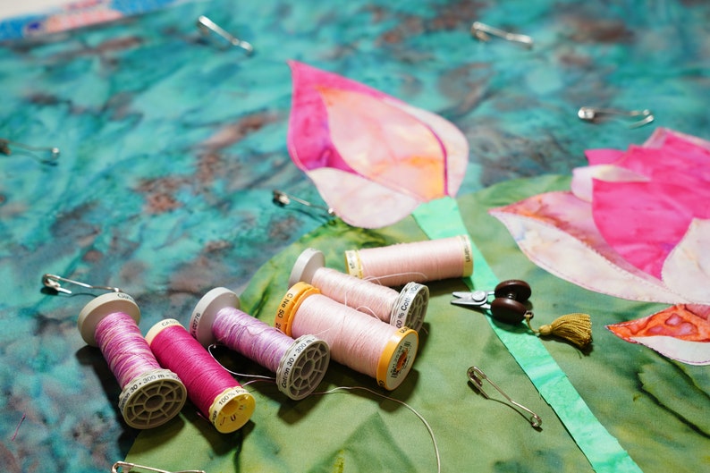 Handmade textile art/wall hanging/home decor/art decorpink lotus flowers image 3