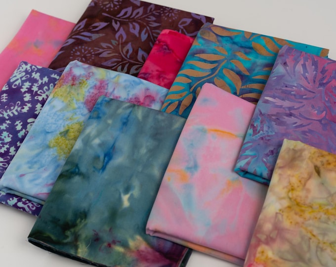 Fat Eighth size Bali Assortment Bundle - 10 Different Pieces - Hand Dyed Bali Batik Cotton Quilt Fabric