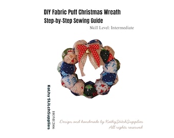 May include: A DIY Fabric Puff Christmas Wreath Step-by-Step Sewing Guide with an intermediate skill level. The image features a circular wreath made of multi-colored fabric puffs, topped with a red and white polka dot bow and a small bell.